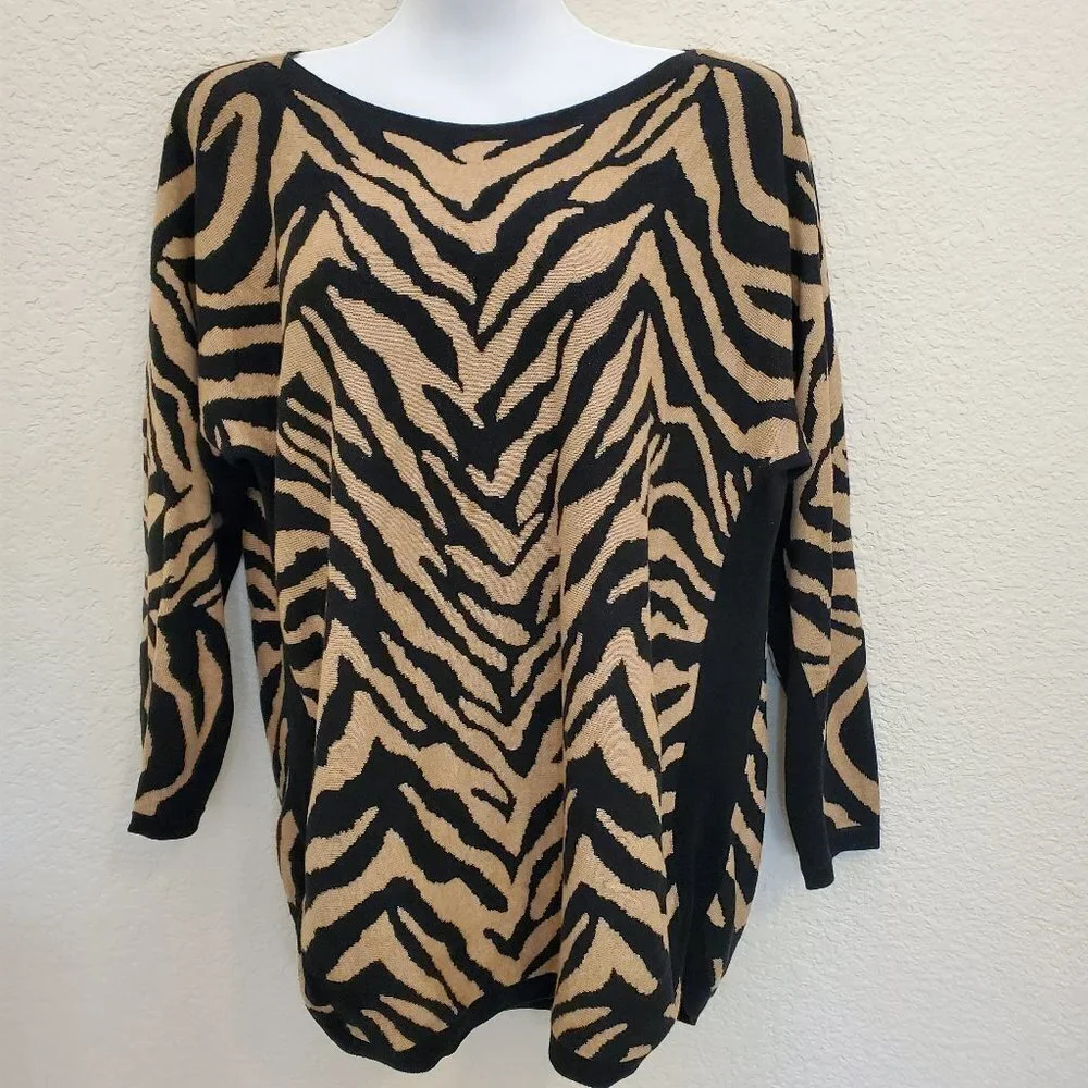 CAbi Dani Pullover #3884 Brown Black Zebra Dazzle Stripe Size M EUC
